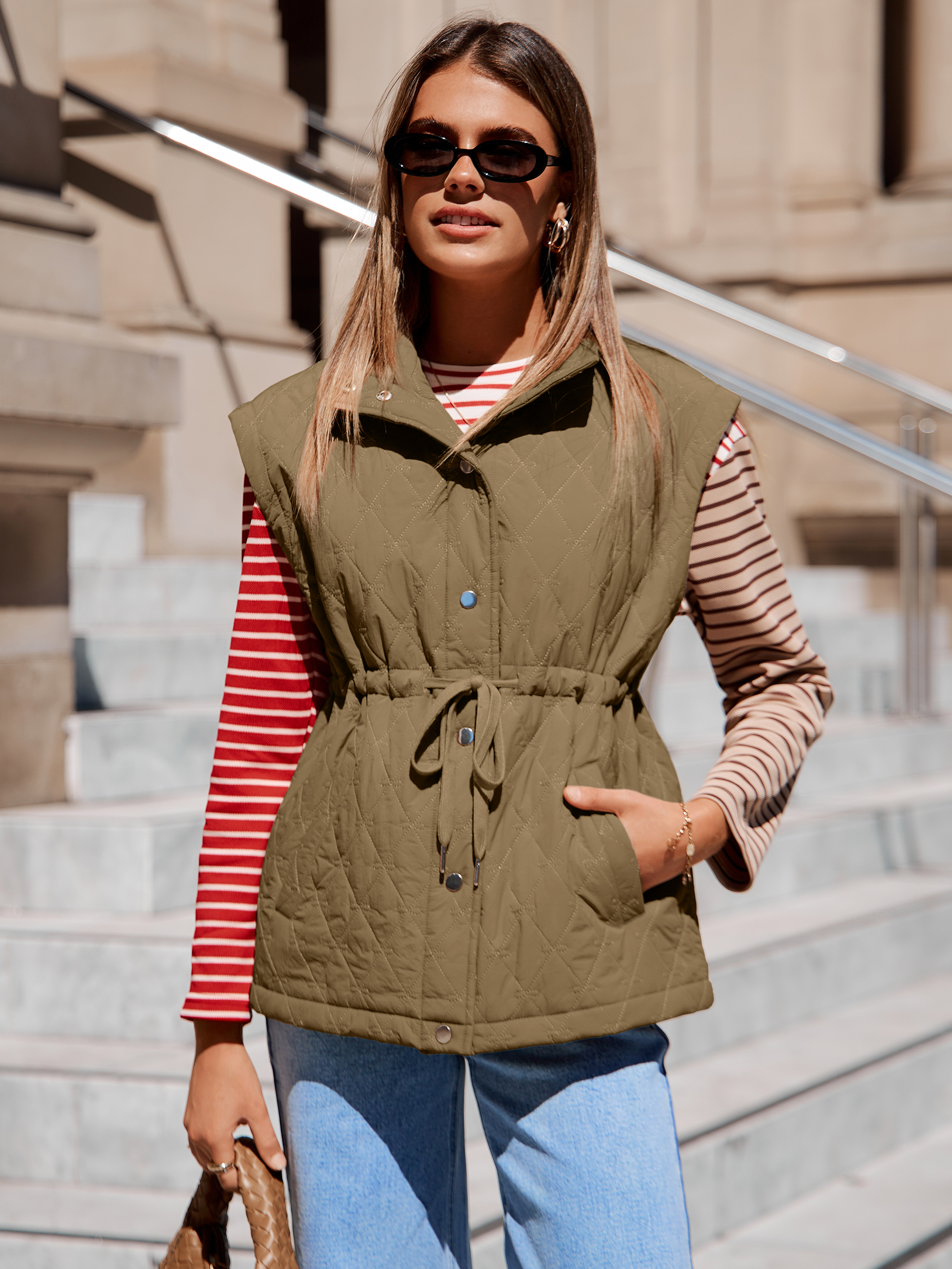 Quilted Drawstring High Waist Puffer Vest - Olive Green