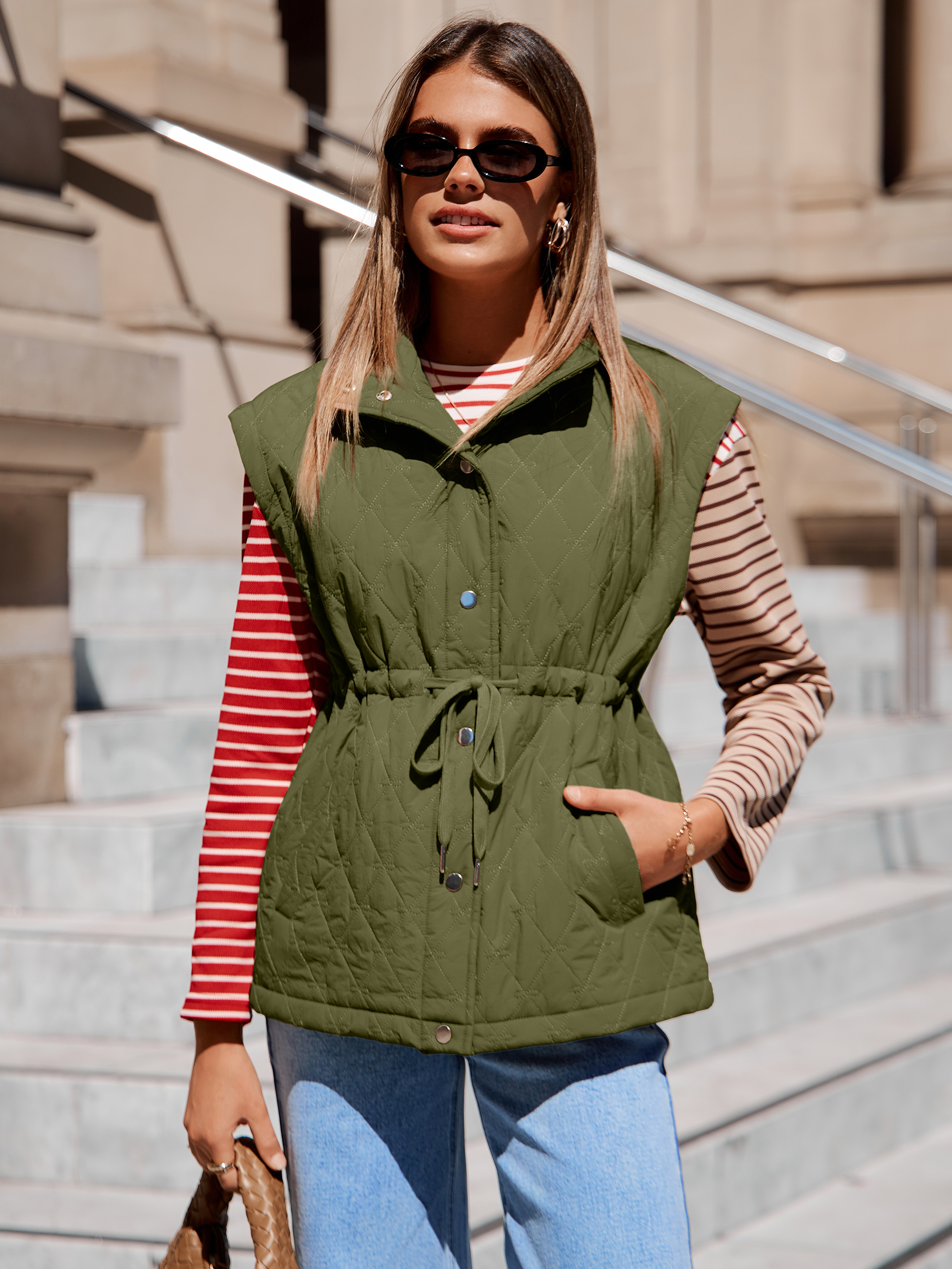 Quilted Drawstring High Waist Puffer Vest - Army Green