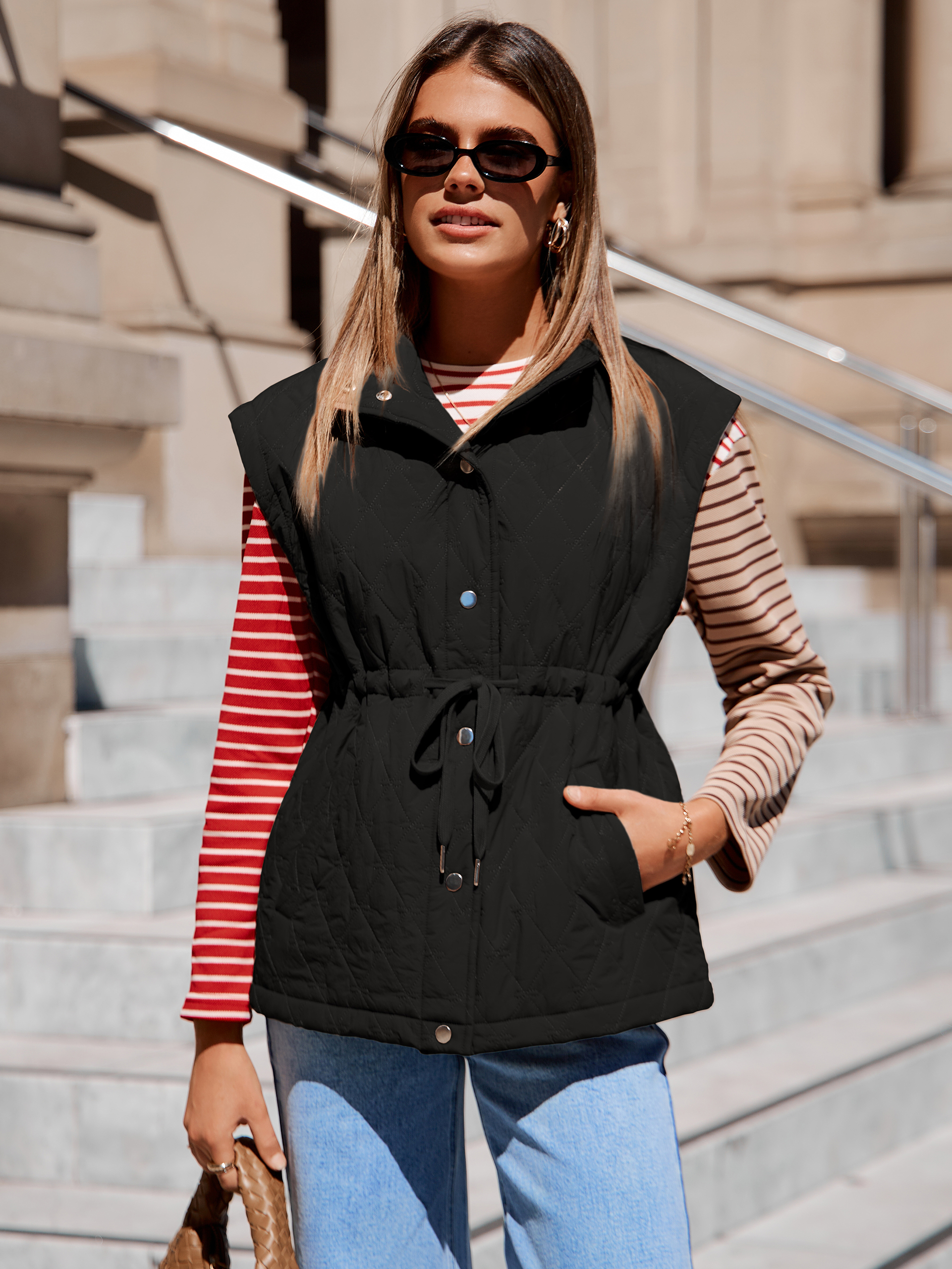 Quilted Drawstring High Waist Puffer Vest - Black