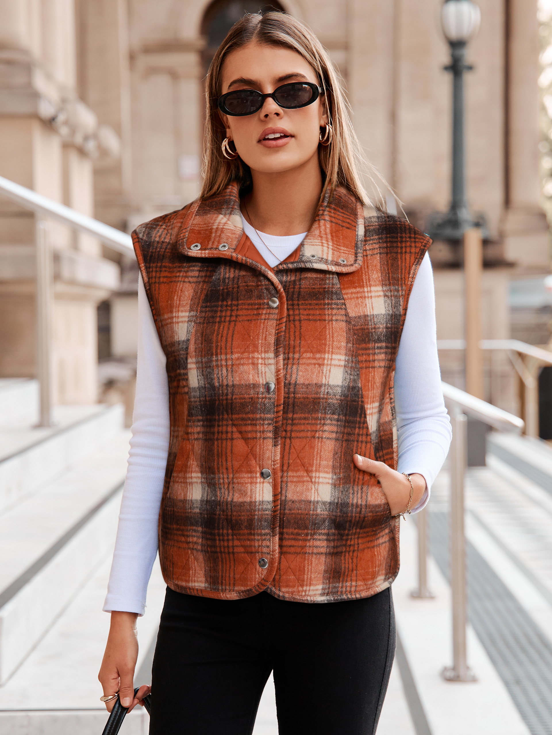 Lightweight Puffer Vest with Button Down - Orange Plaid