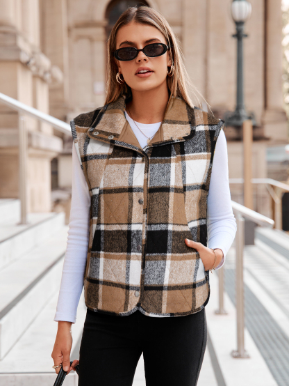 Lightweight Puffer Vest with Button Down - Khaki Plaid