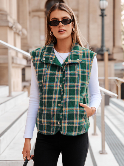 Lightweight Puffer Vest with Button Down - Green Plaid
