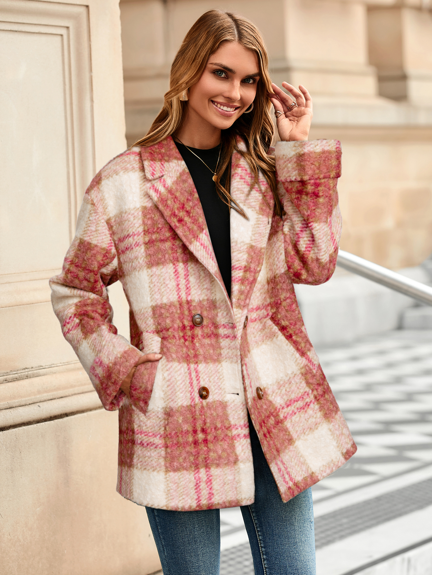 Plaid Lapel Double Breasted Fleece Coat