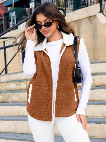 Glamaker Womens Fuzzy Sherpa Fleece Vest Casual Sleeveless Outerwear Travel Zip Up Jacket Lightweight Warm Gilet With Pockets-Glamaker
