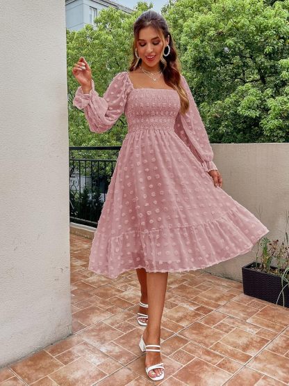 Square Neck Swiss Dot Long Sleeve Shirred Midi Dress - Pink