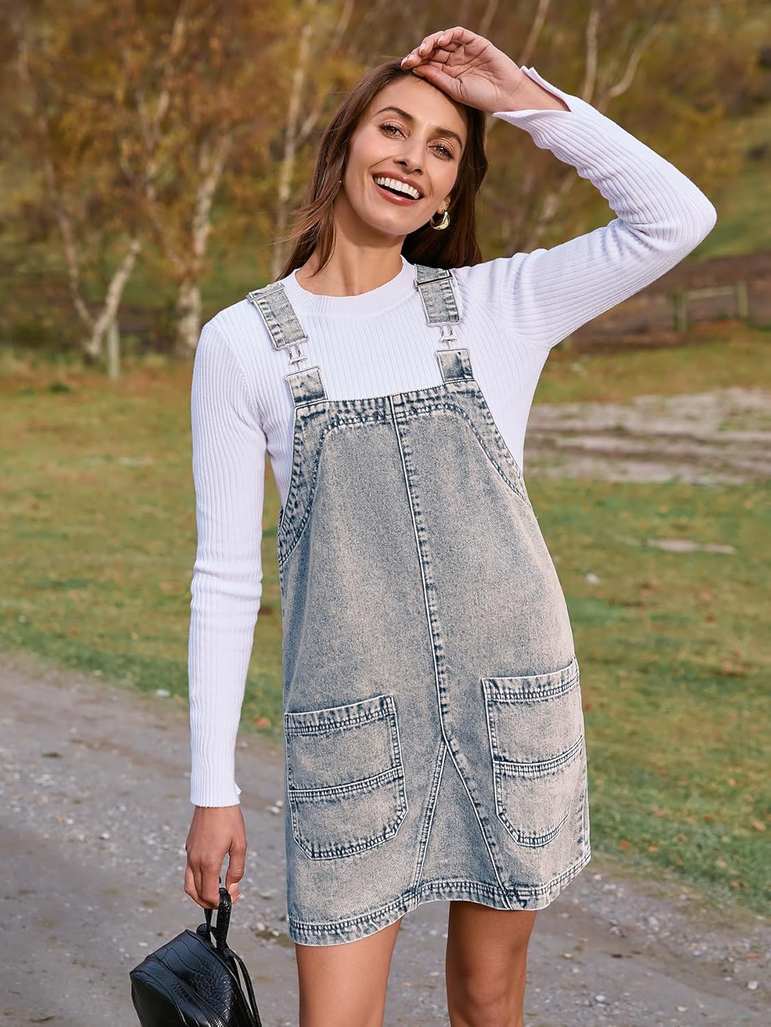 Denim Overall Jumper Dress with Pockets - Demin Wash Blue