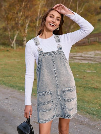 Denim Overall Jumper Dress with Pockets - Demin Wash Blue