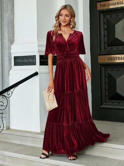Velvet V-Neck Ruffle Tiered Wedding Guest Maxi Dress - Wine Red