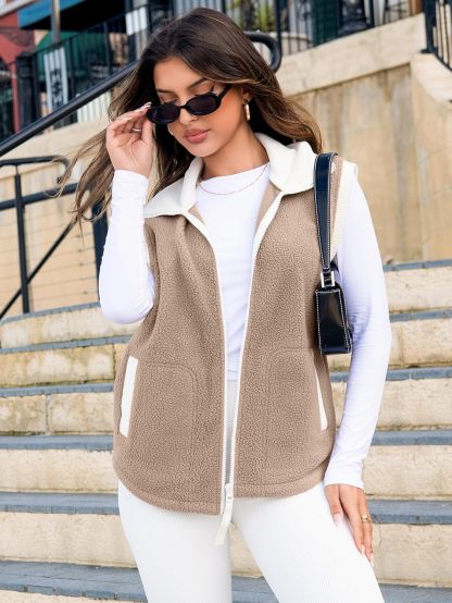 Glamaker Womens Fuzzy Sherpa Fleece Vest Casual Sleeveless Outerwear Travel Zip Up Jacket Lightweight Warm Gilet With Pockets-Glamaker