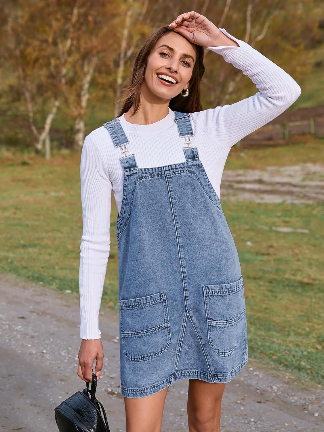 Denim Overall Jumper Dress with Pockets - Demin Light Blue