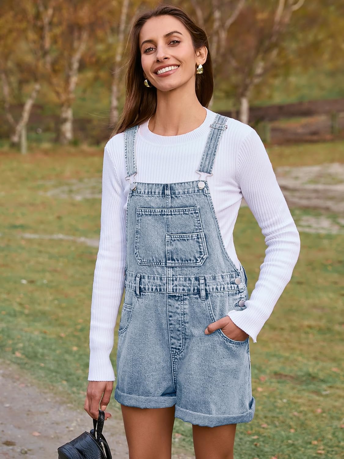 Casual Loose Fit Denim Romper with Pockets - Denim Light Blue