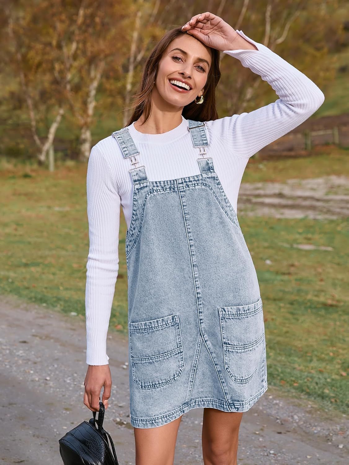 Denim Overall Jumper Dress with Pockets - Demin White Blue