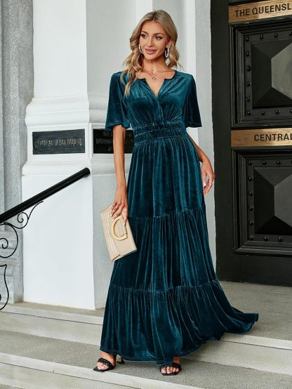 Velvet V-Neck Ruffle Tiered Wedding Guest Maxi Dress - Lake Blue