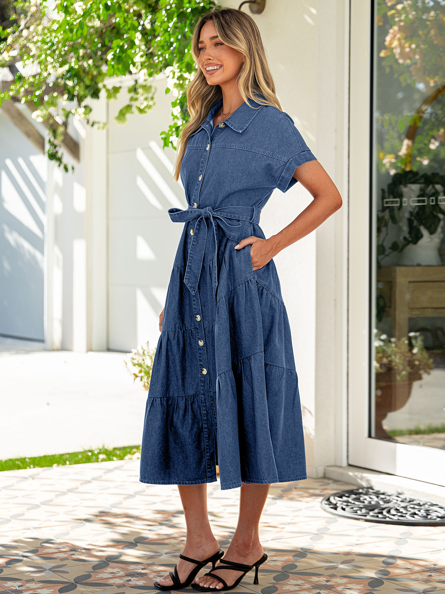 Short Sleeve Denim Belted Tiered Maxi Dress
