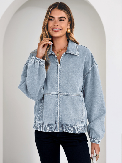 Classic Zip-Up Denim Bomber Jacket with Pockets