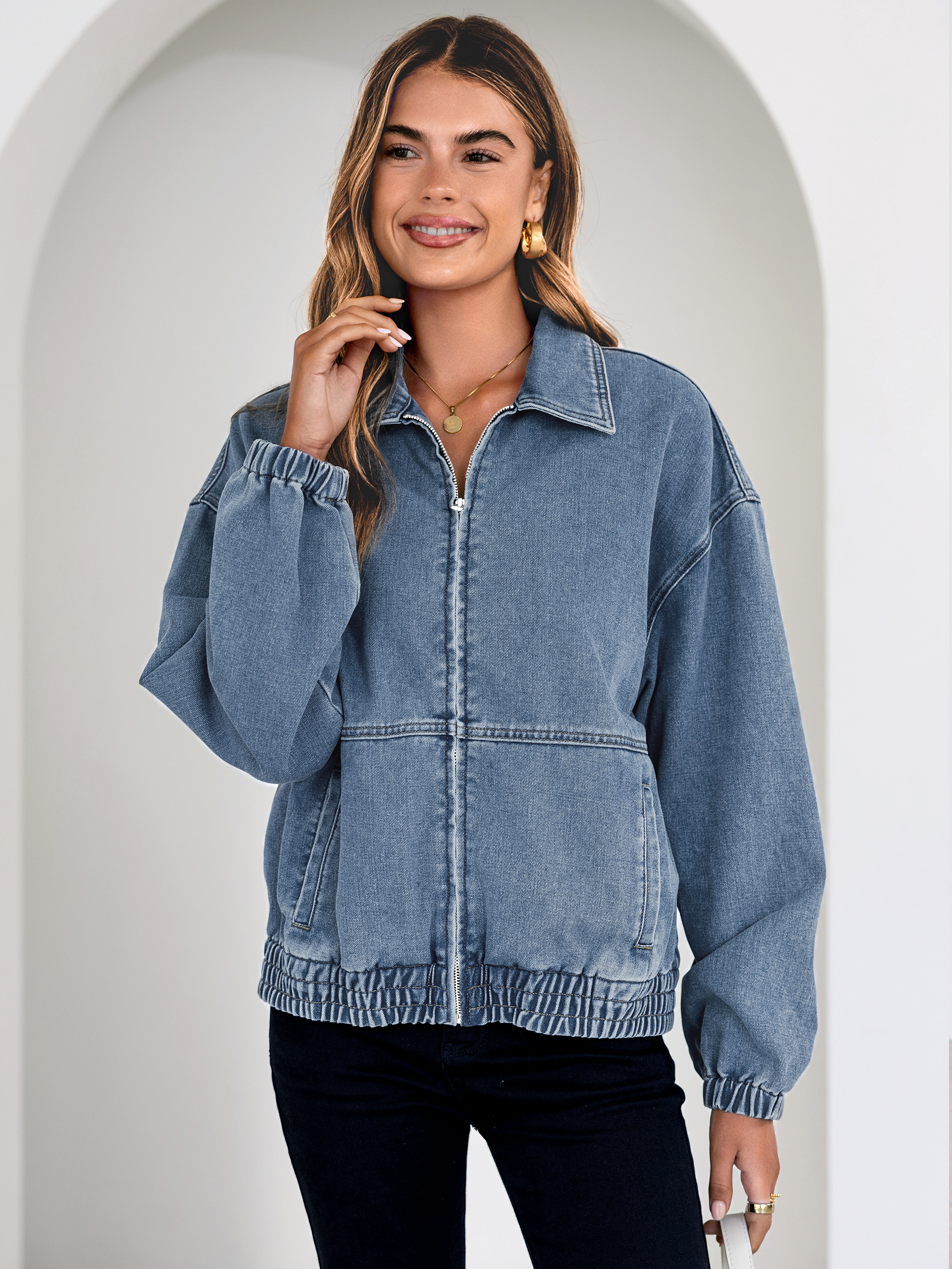 Classic Zip-Up Denim Bomber Jacket with Pockets