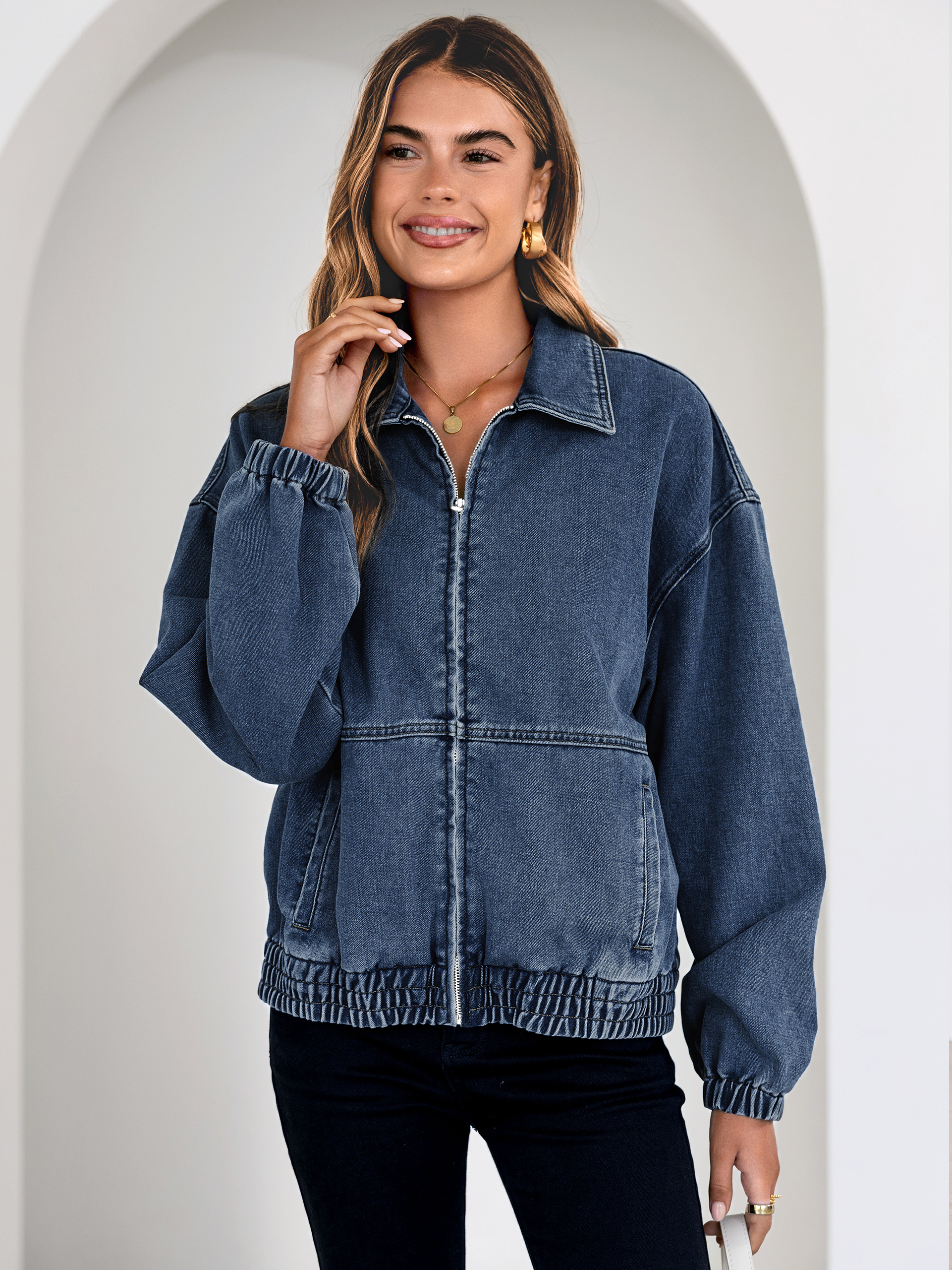 Classic Zip-Up Denim Bomber Jacket with Pockets