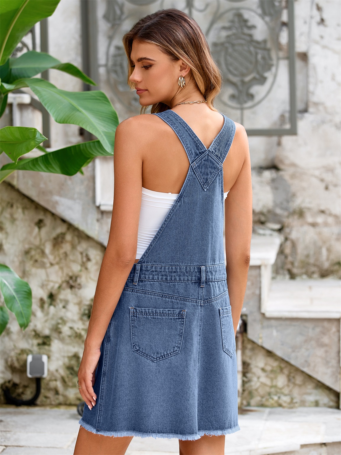 Square Neck Sleeveless Backless Mini Denim Dress - Dark Denim Blue
