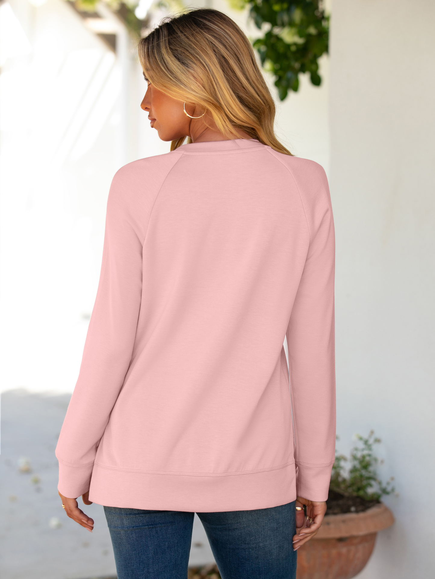 Solid Crewneck Raglan Long Sleeve Sweatshirt - Pink