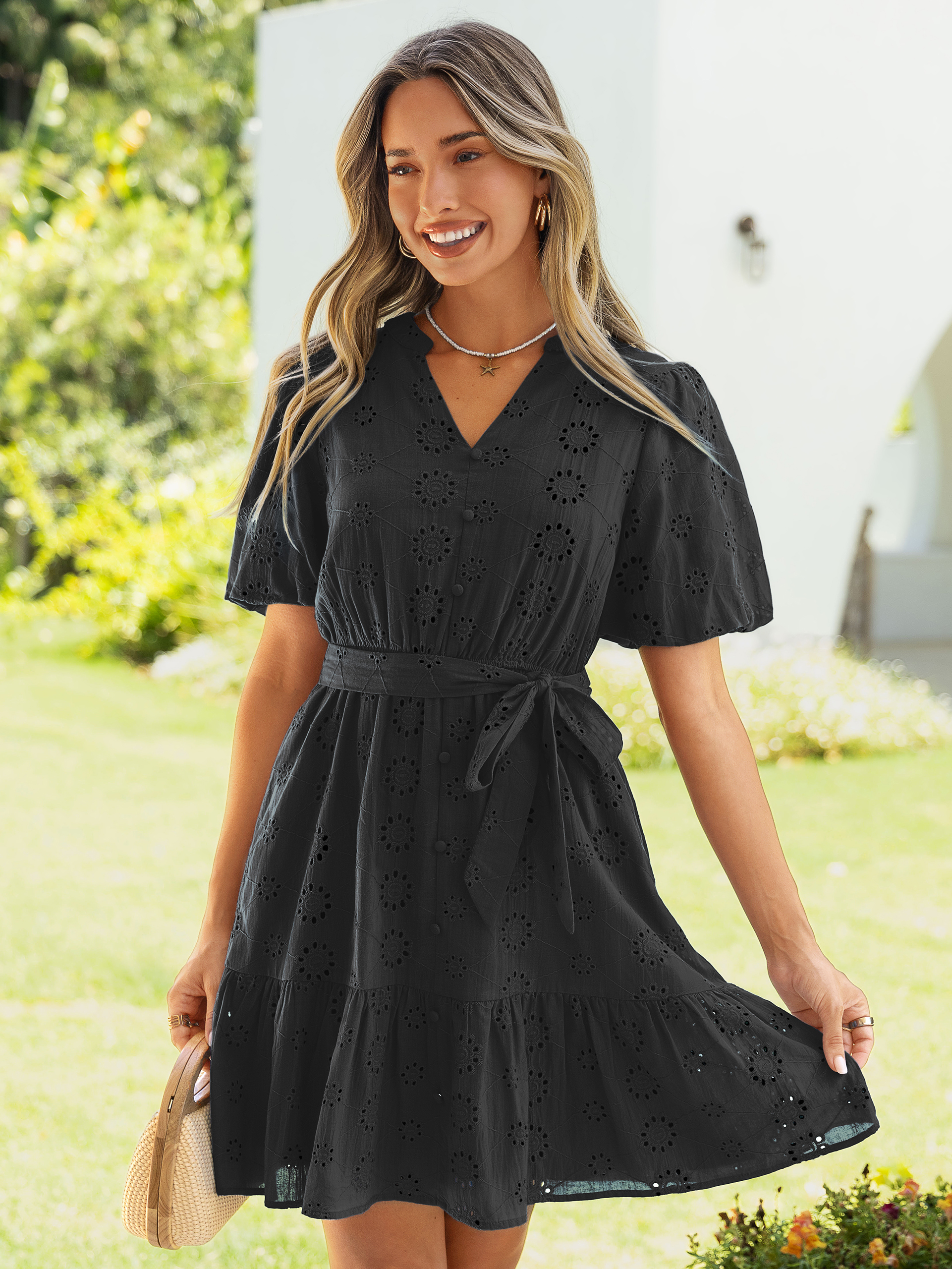 Eyelet Embroidery V-Neck Puff Sleeve Mini Dress