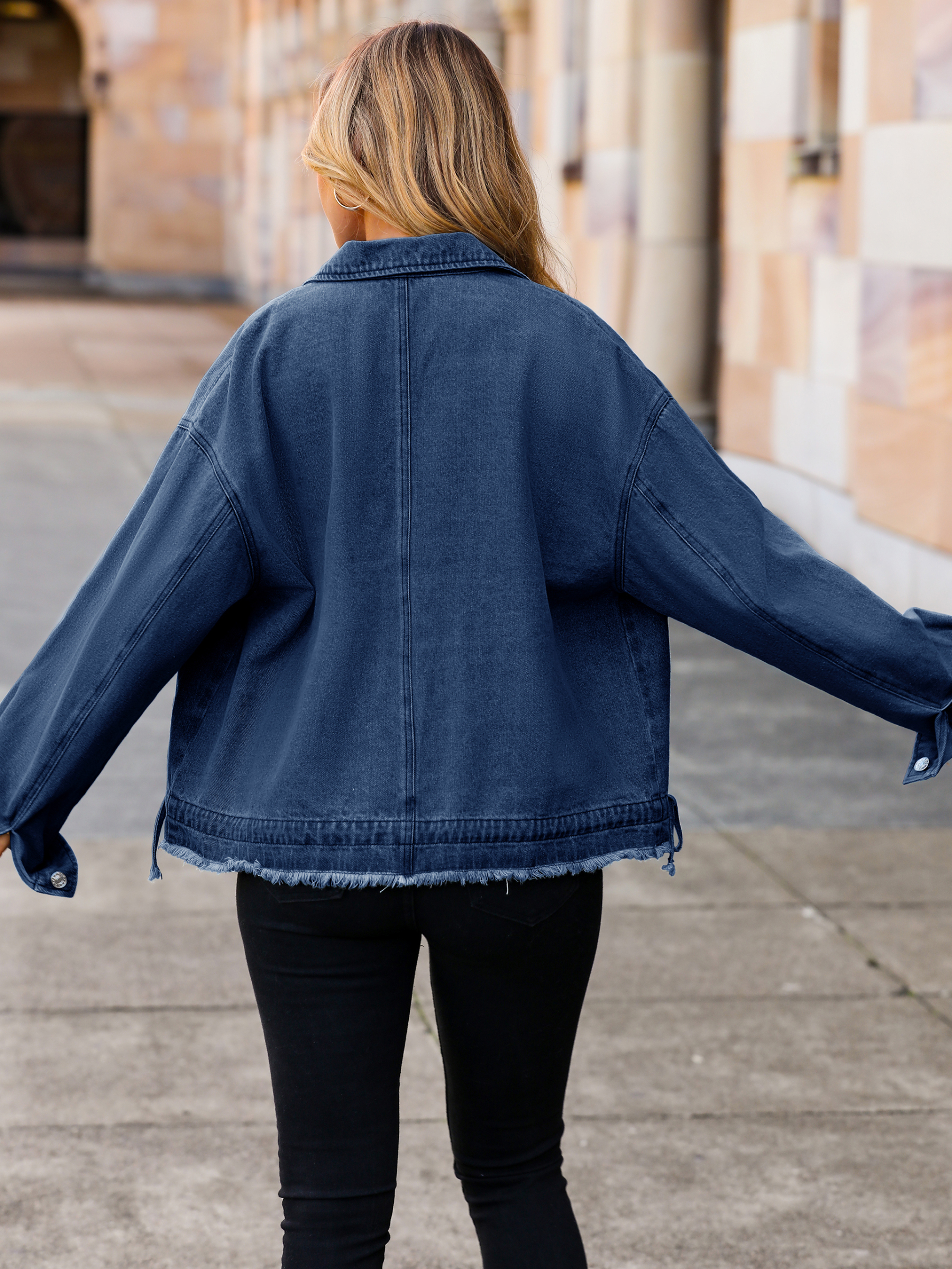 Vintage Cropped Loose Denim Jacket with Frayed Hem - Denim Deep Blue
