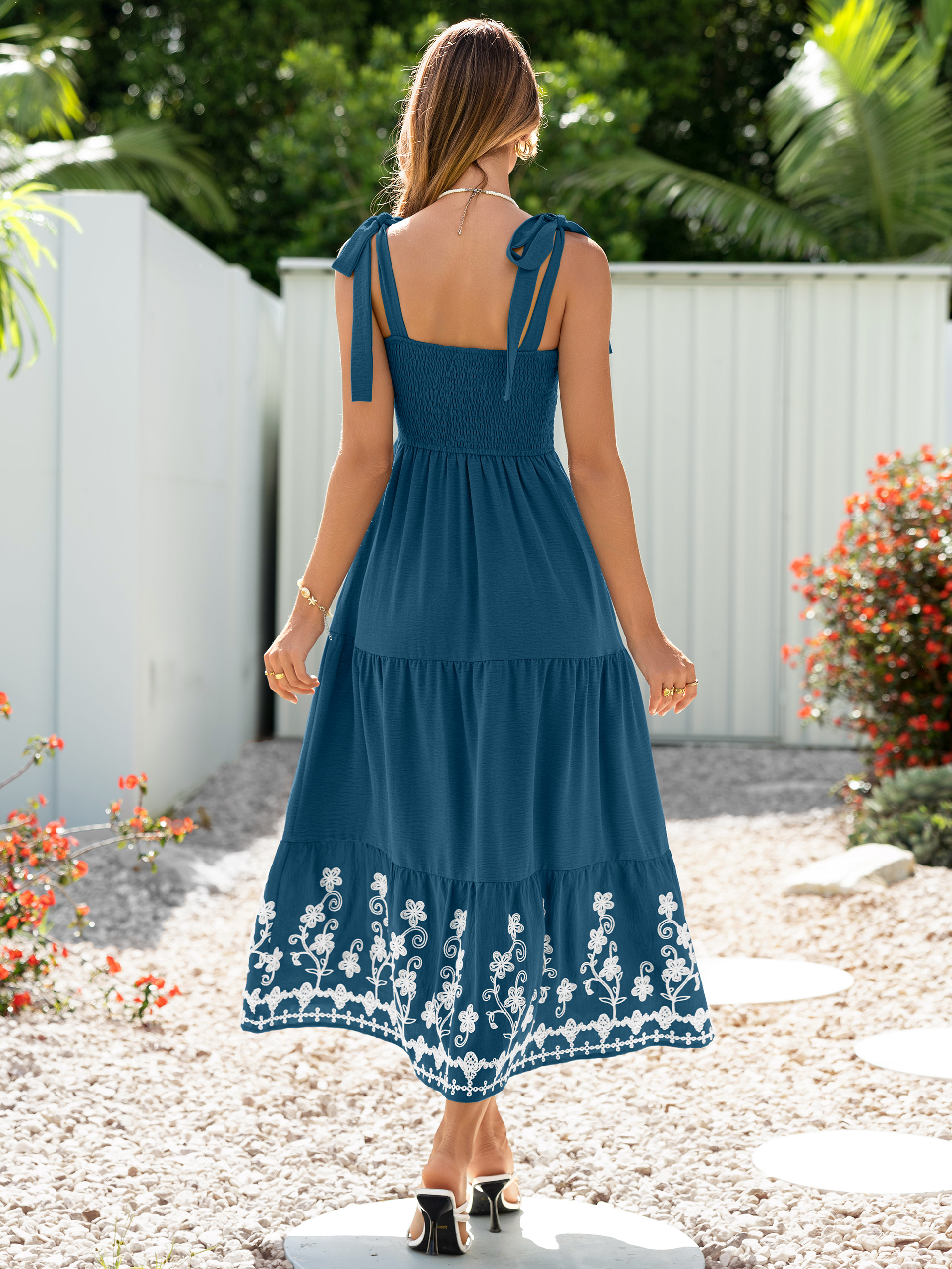 Floral Embroidery Smocked Tie Shoulder Maxi Dress