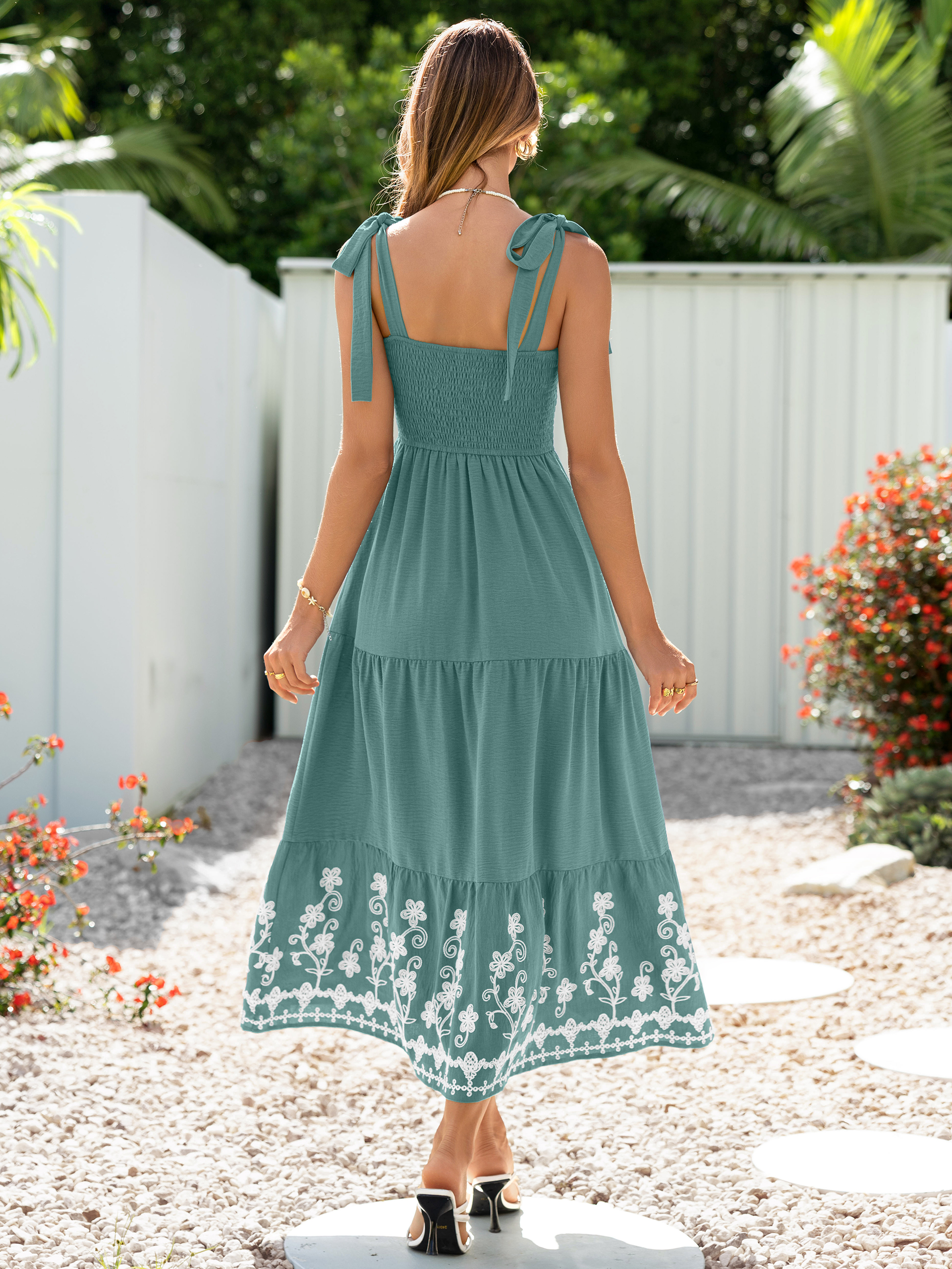 Floral Embroidery Smocked Tie Shoulder Maxi Dress