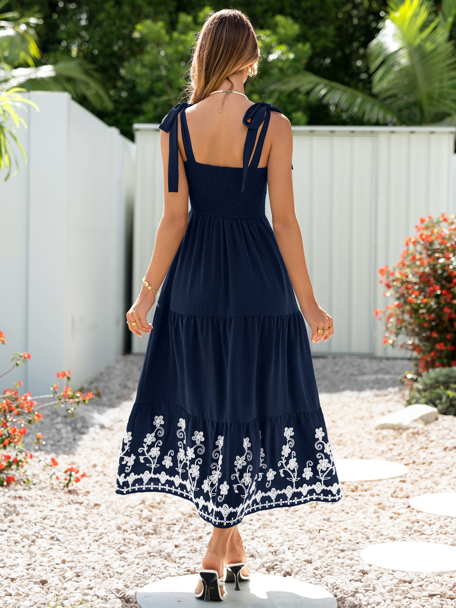 Floral Embroidery Smocked Tie Shoulder Maxi Dress