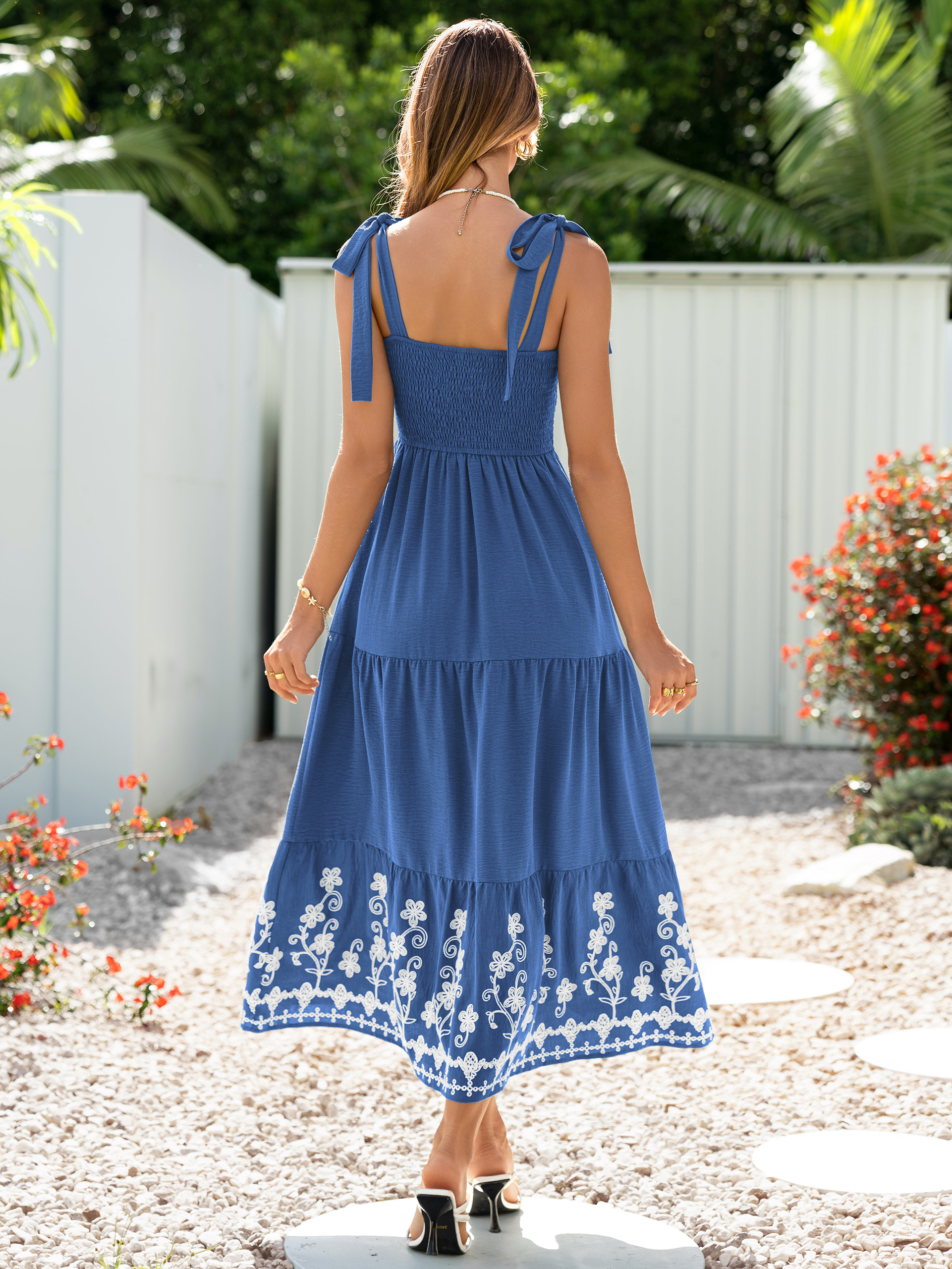 Floral Embroidery Smocked Tie Shoulder Maxi Dress