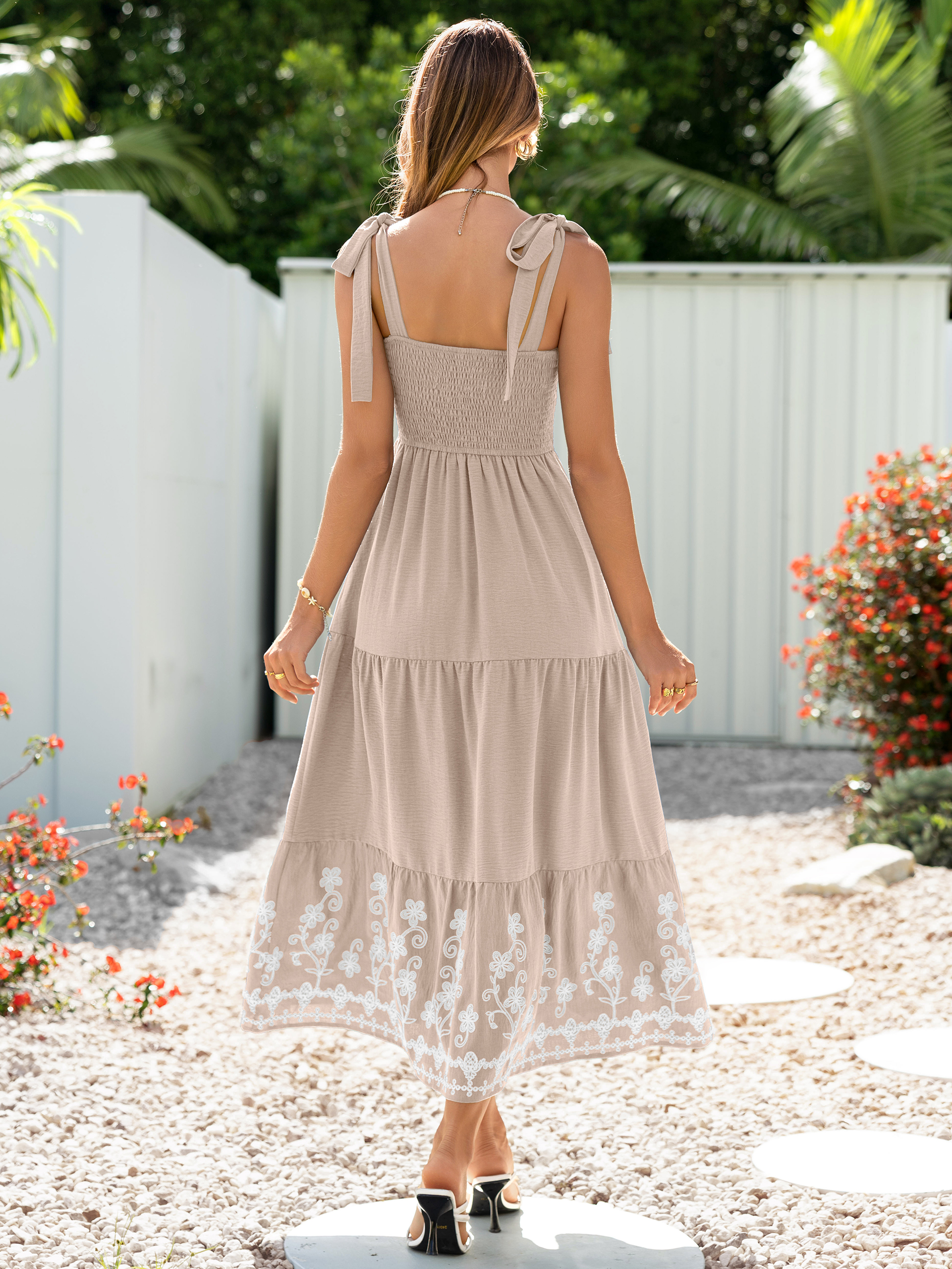 Floral Embroidery Smocked Tie Shoulder Maxi Dress