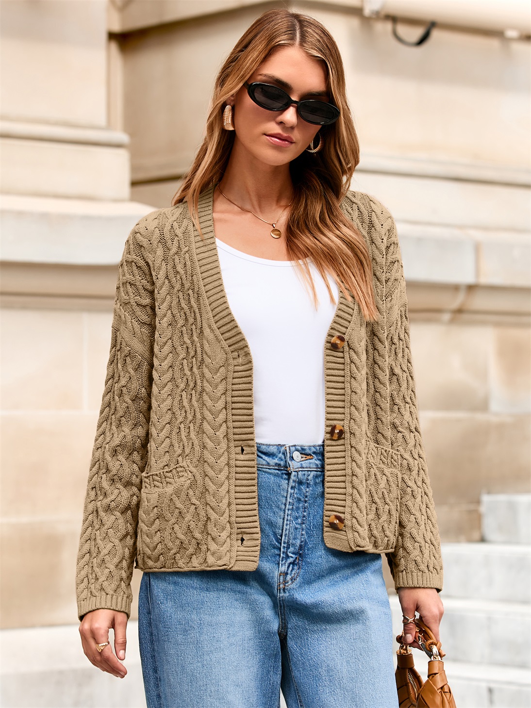 Cable Knit V Neck Buttoned Cardigan Sweater - Light Brown