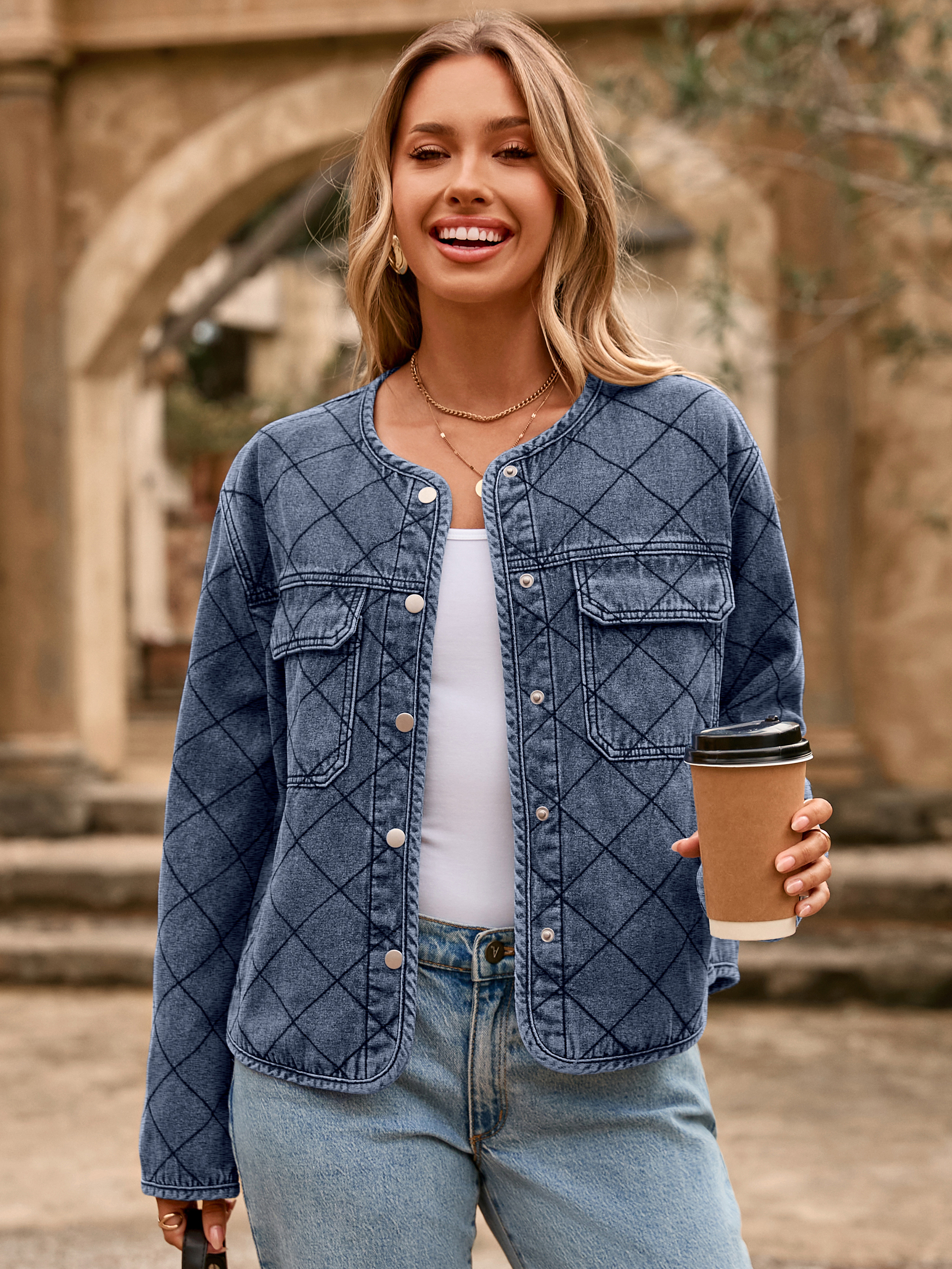 Button Crew Neck Quilted Diamond Denim Jacket - Denim Grey Blue