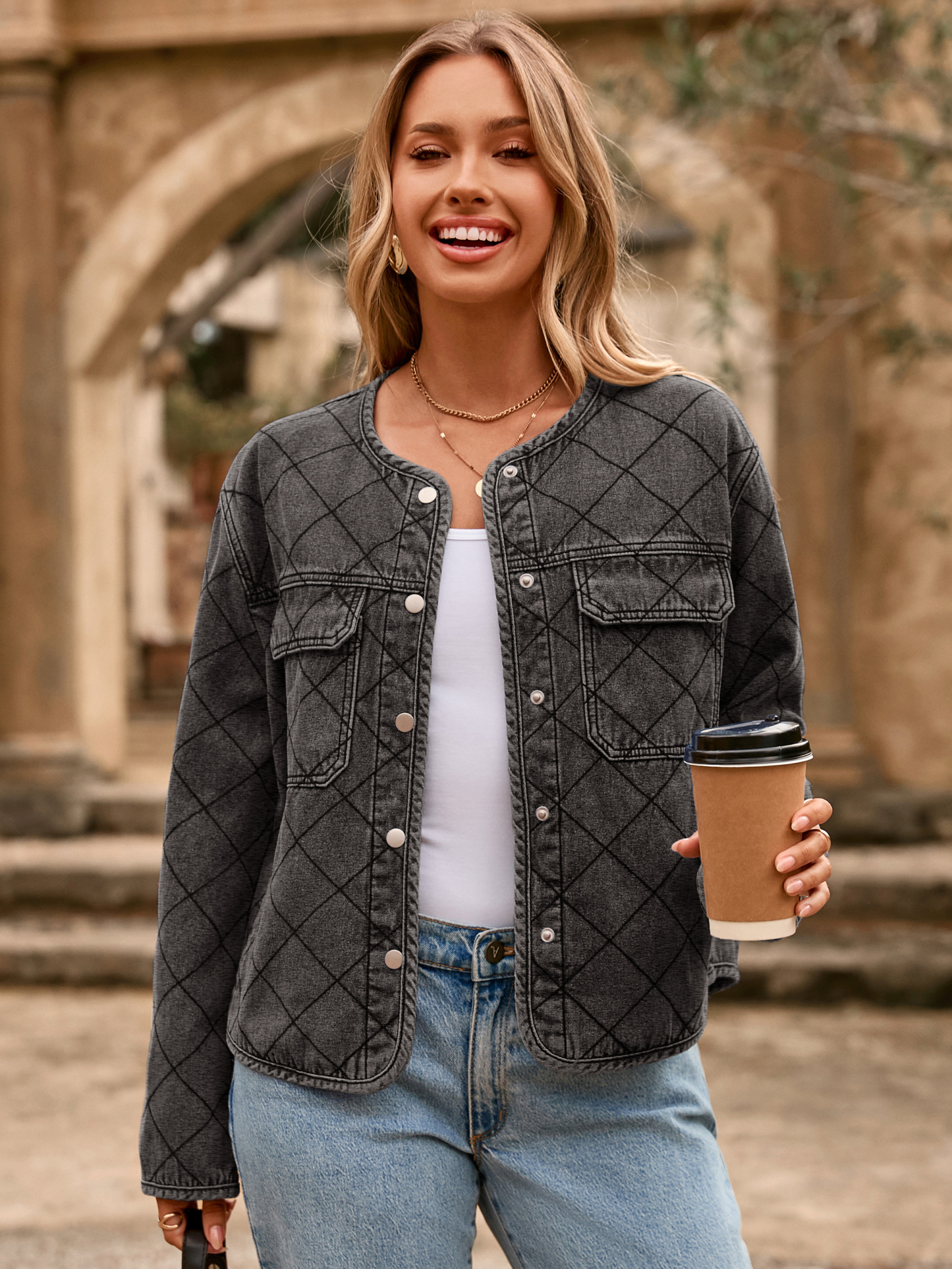 Button Crew Neck Quilted Diamond Denim Jacket - Denim Grey