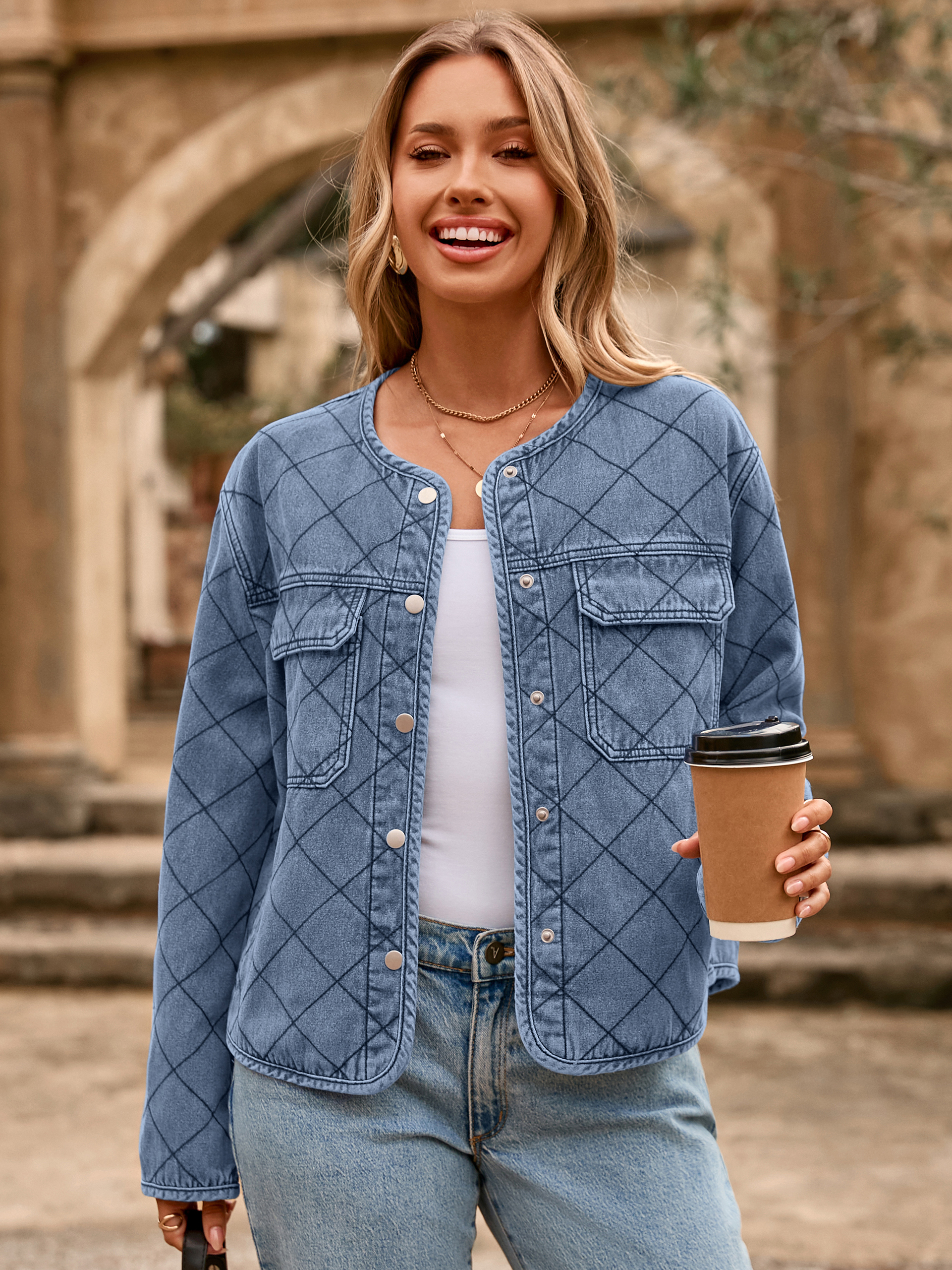 Button Crew Neck Quilted Diamond Denim Jacket - Denim Sky Blue