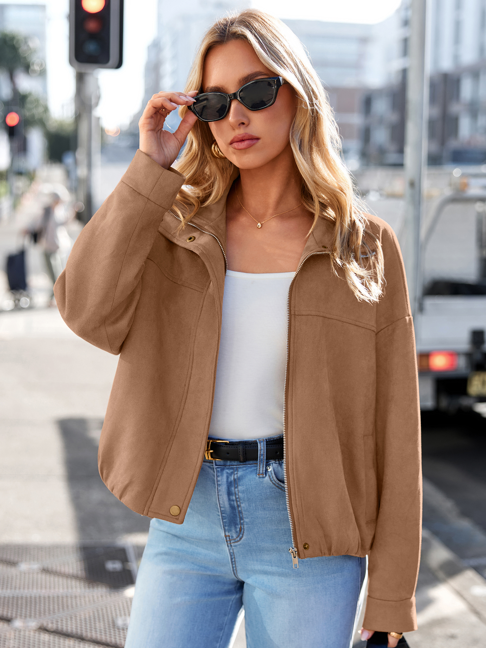 Casual Lapel Zip Front Faux Suede Bomber Jacket
