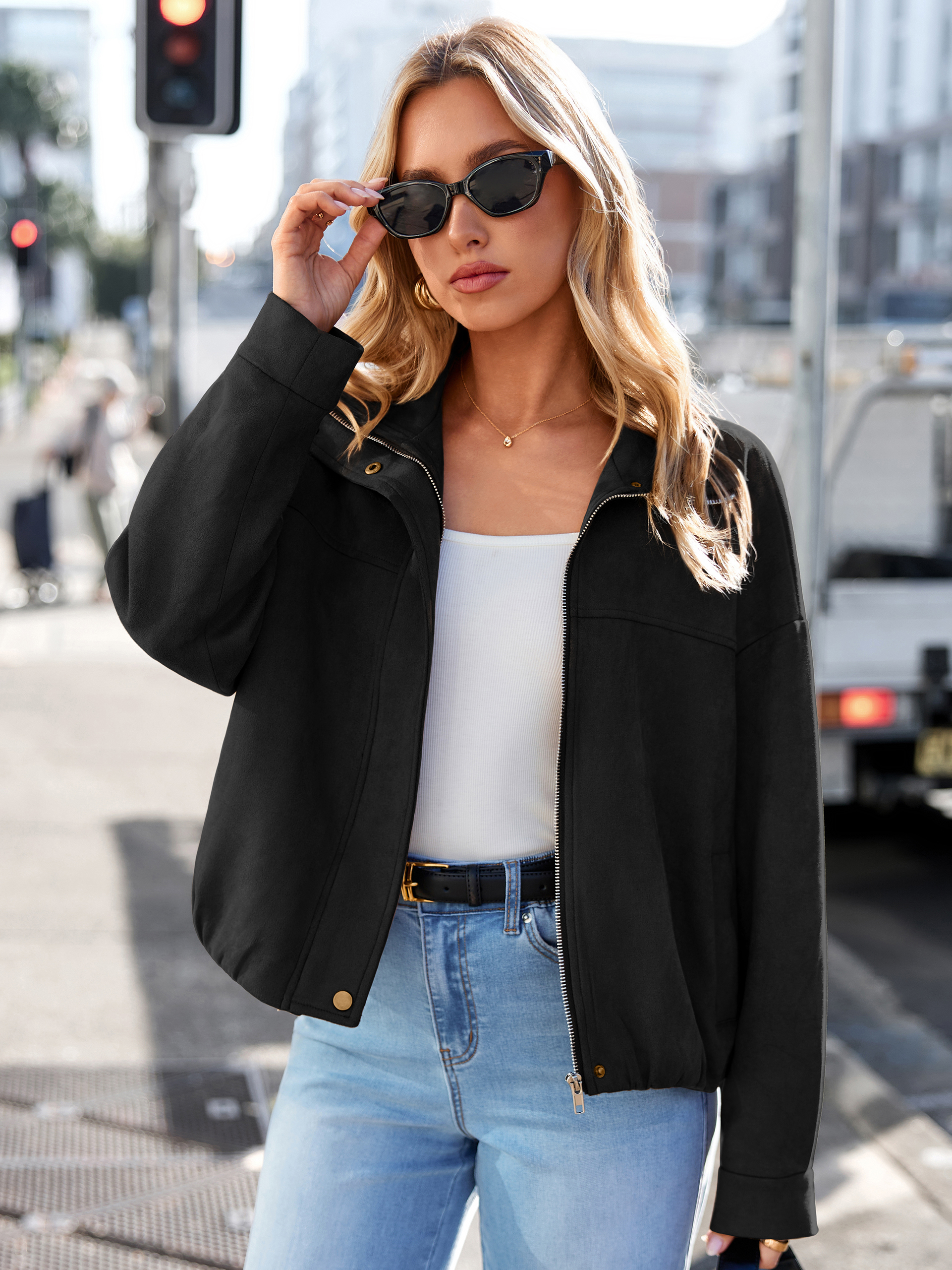 Casual Lapel Zip Front Faux Suede Bomber Jacket