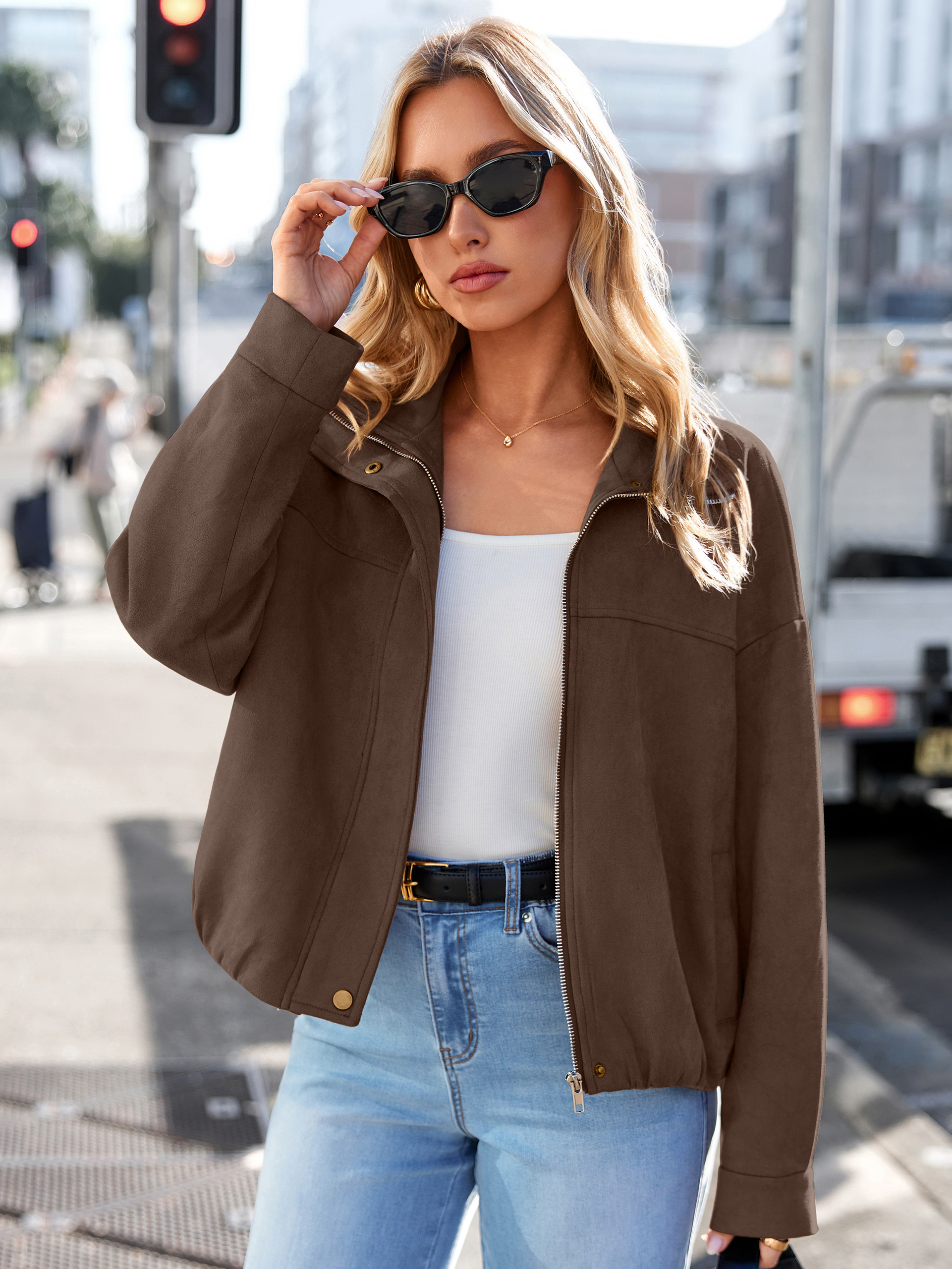 Casual Lapel Zip Front Faux Suede Bomber Jacket