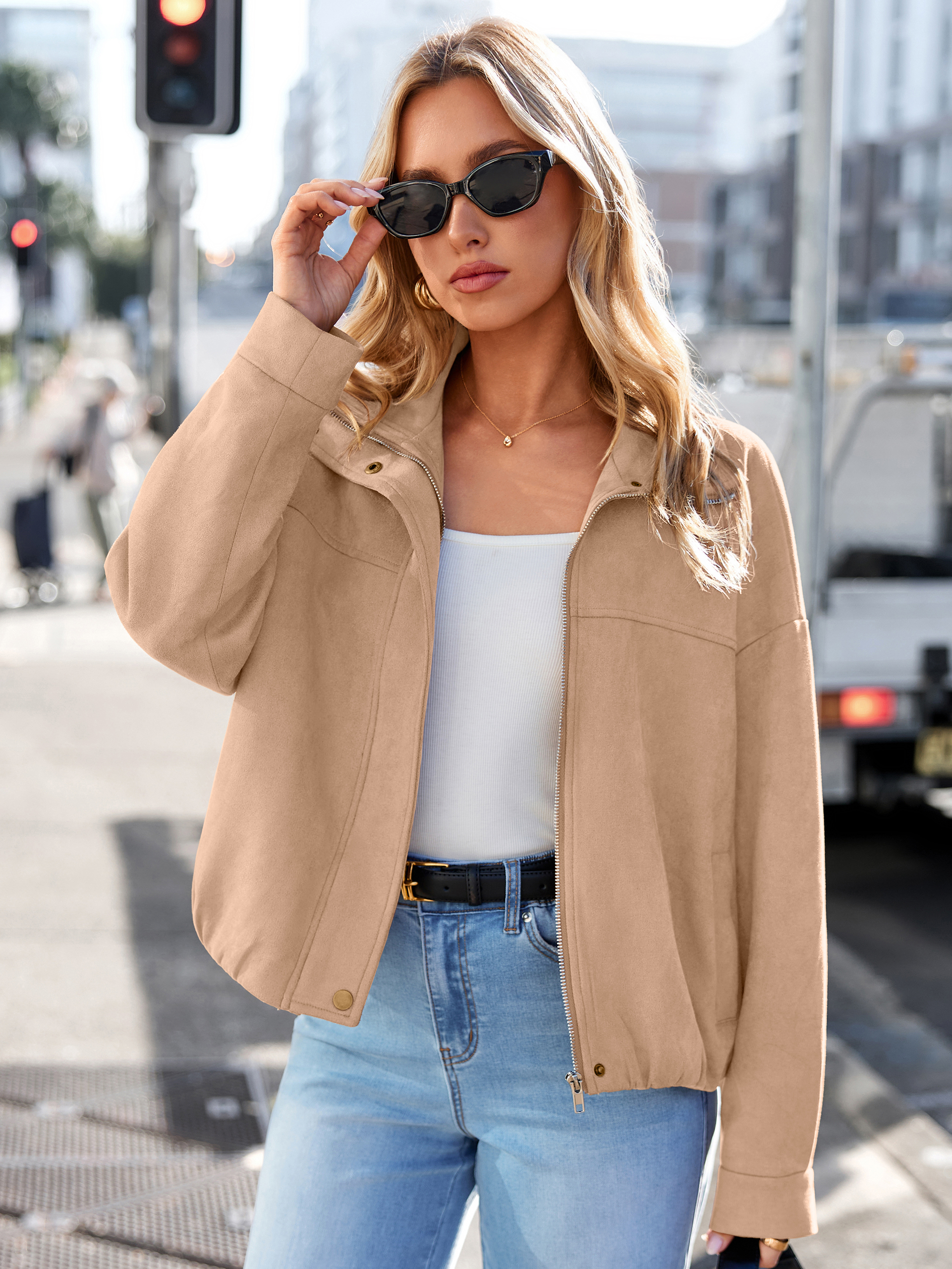 Casual Lapel Zip Front Faux Suede Bomber Jacket