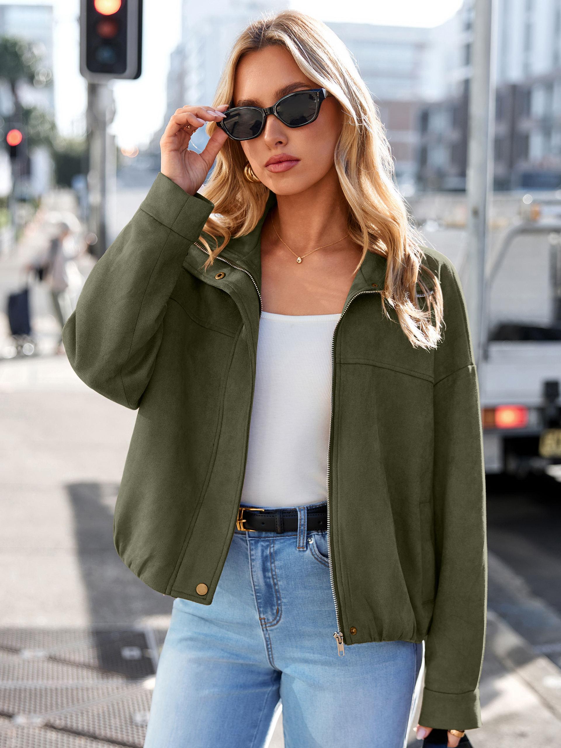 Casual Lapel Zip Front Faux Suede Bomber Jacket
