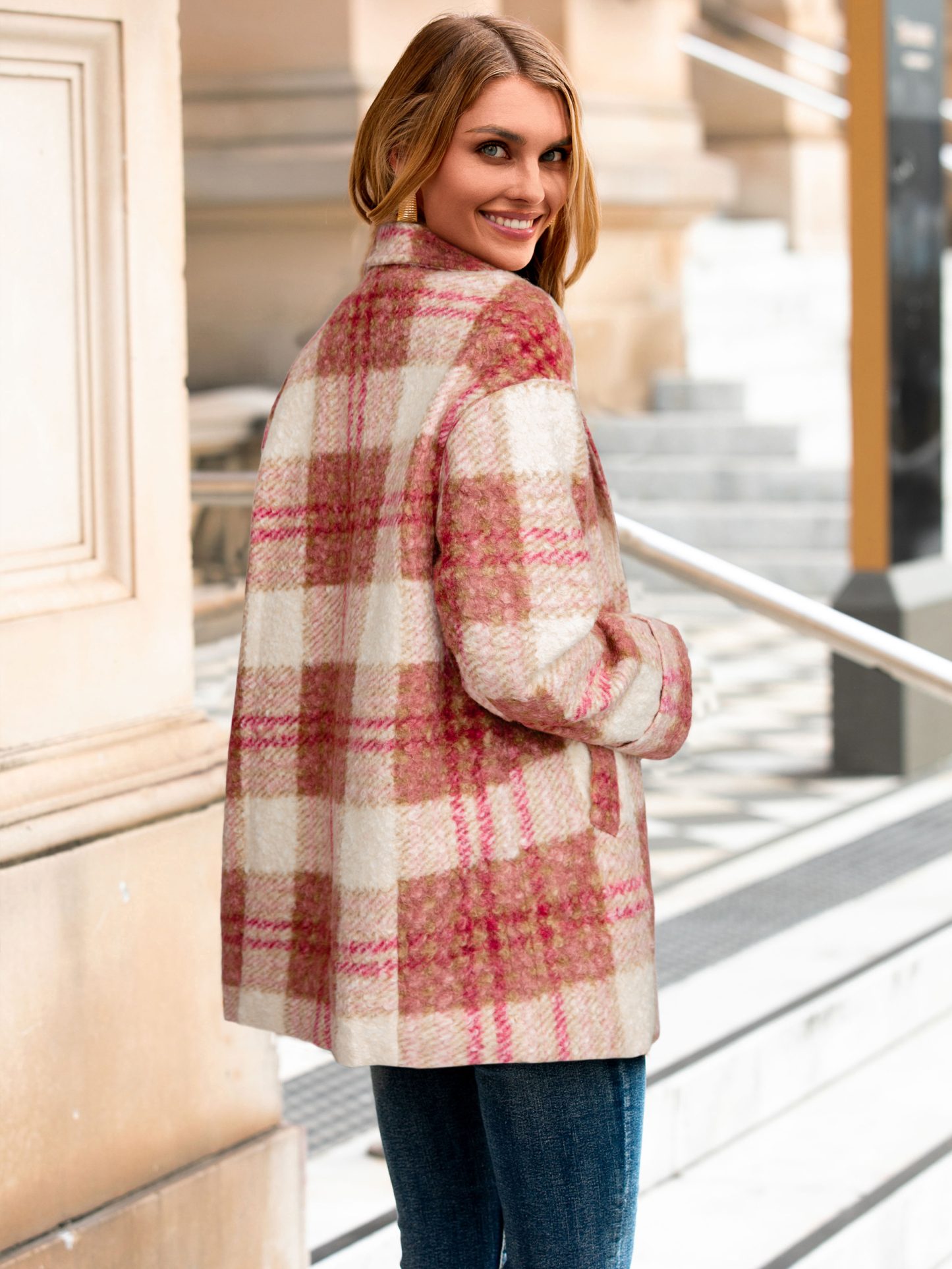 Plaid Lapel Double Breasted Fleece Coat