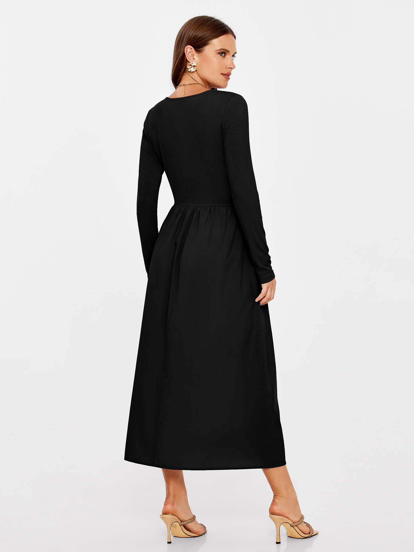 Knit Long Sleeve Midi Dress with Side Pockets