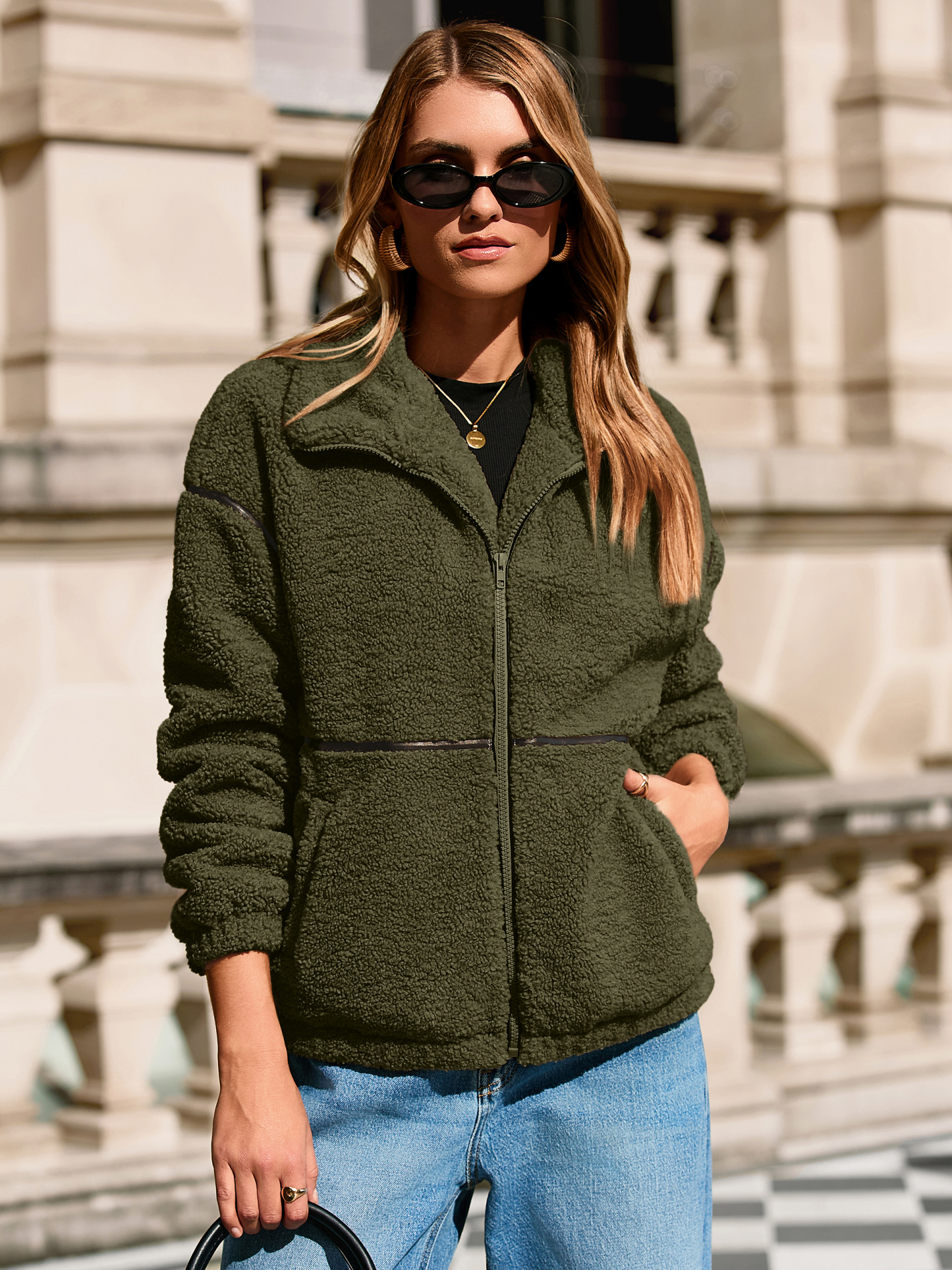 Sherpa Fuzzy Fleece Zip Up Jacket with Pockets