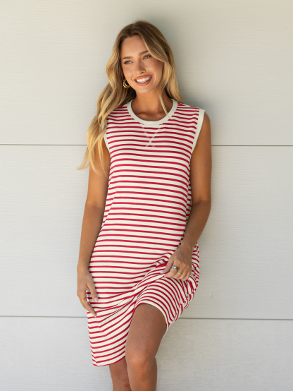 Striped Sleeveless Round Neck Mini Dress - White Red Stripe