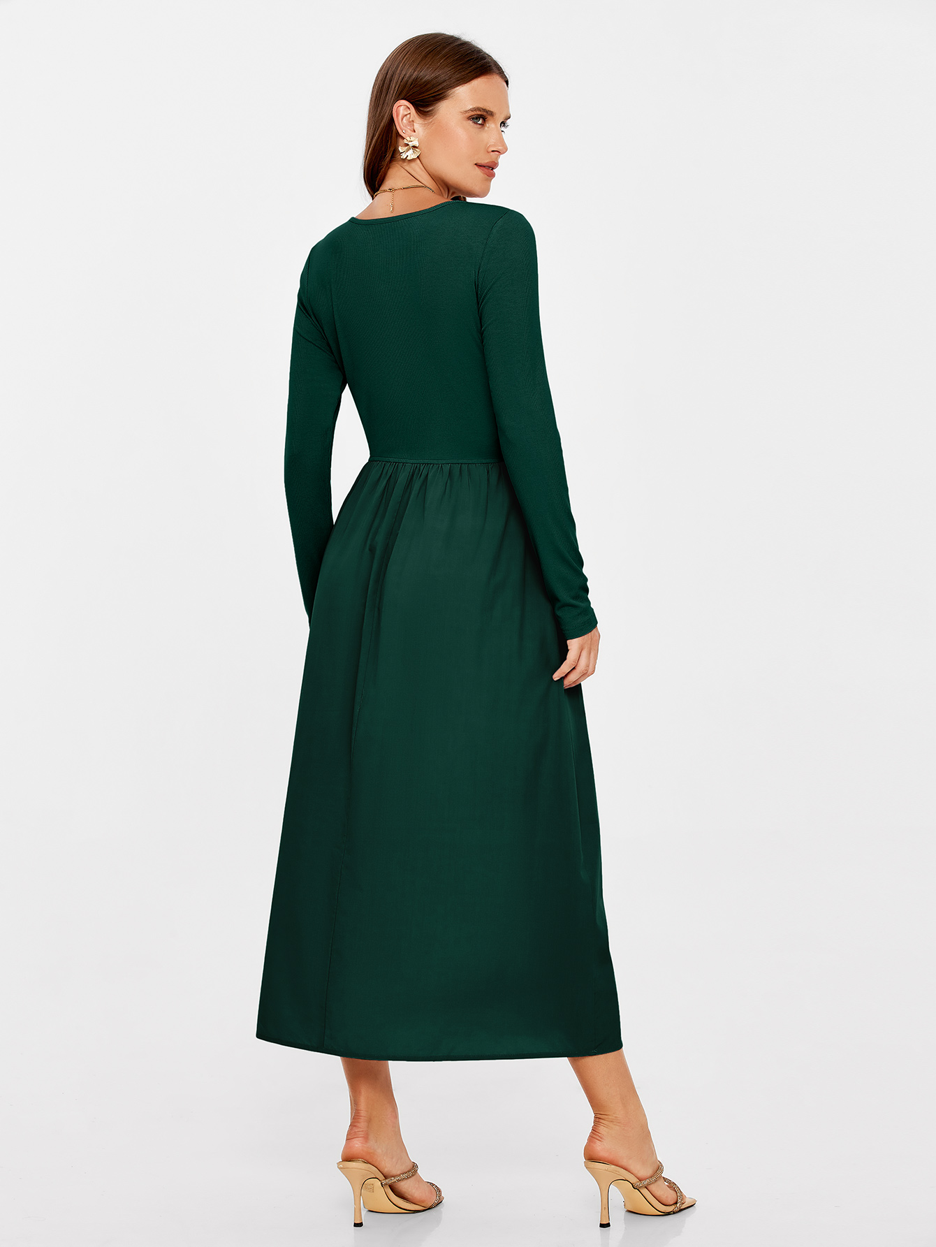 Knit Long Sleeve Midi Dress with Side Pockets