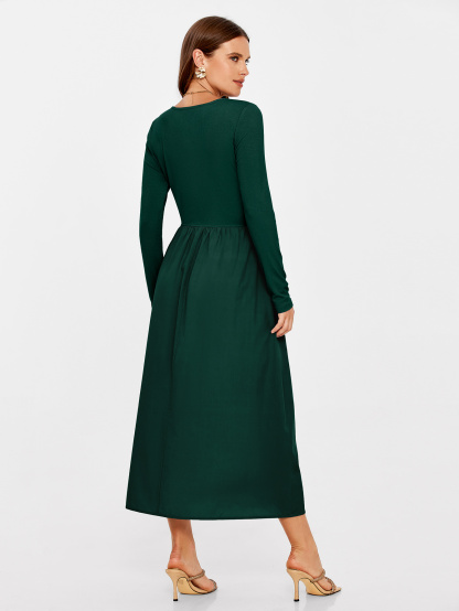 Knit Long Sleeve Midi Dress with Side Pockets