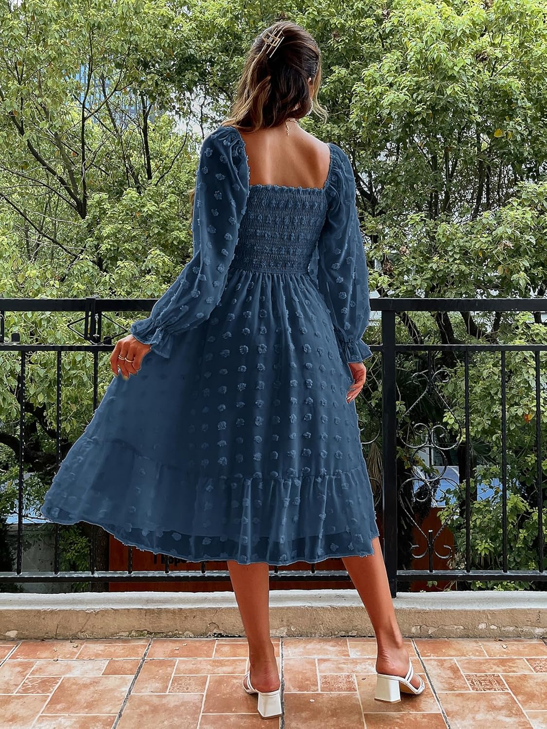 Square Neck Swiss Dot Long Sleeve Shirred Midi Dress - Blue Grey