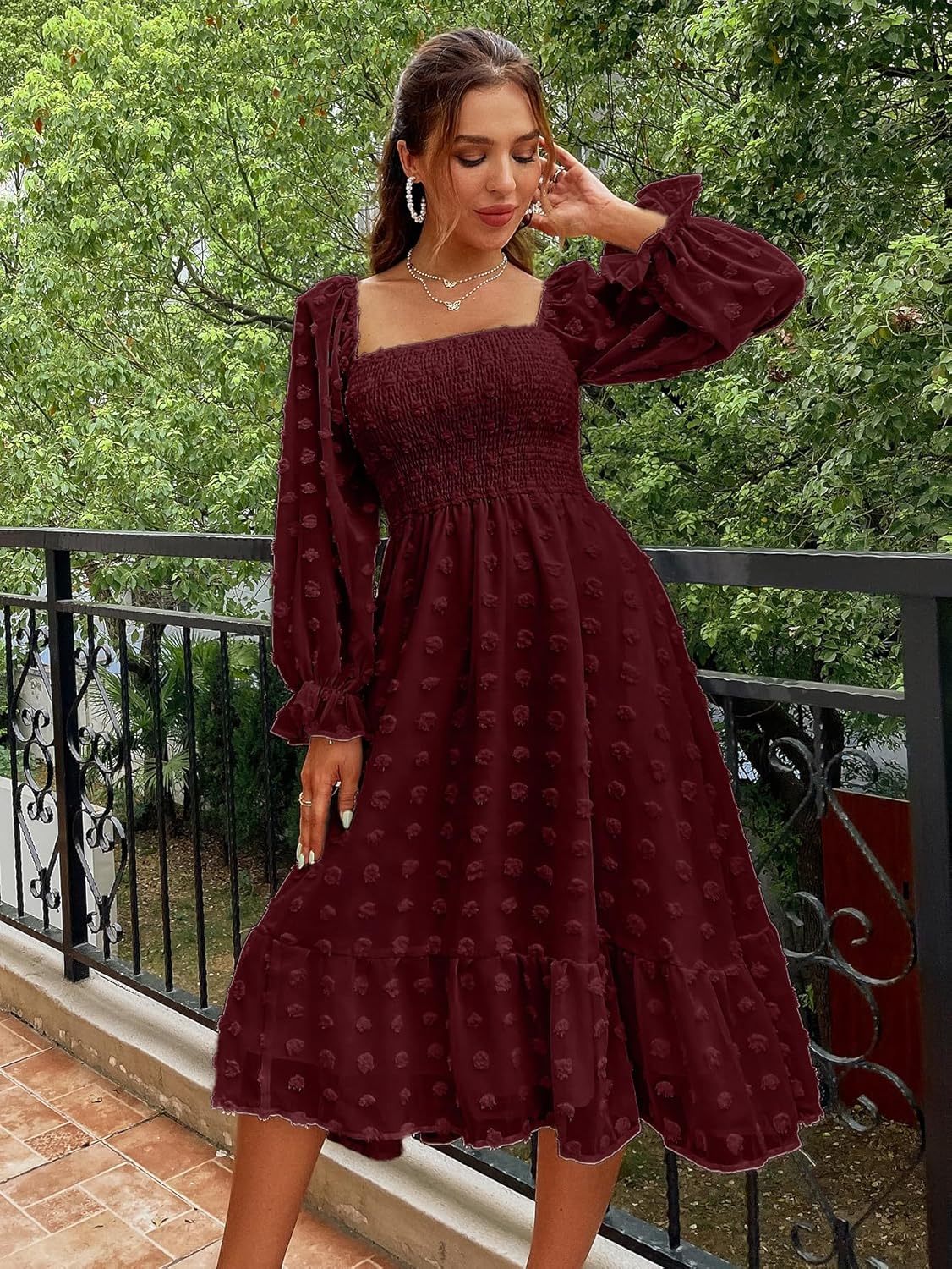 Square Neck Swiss Dot Long Sleeve Shirred Midi Dress - Wine Red