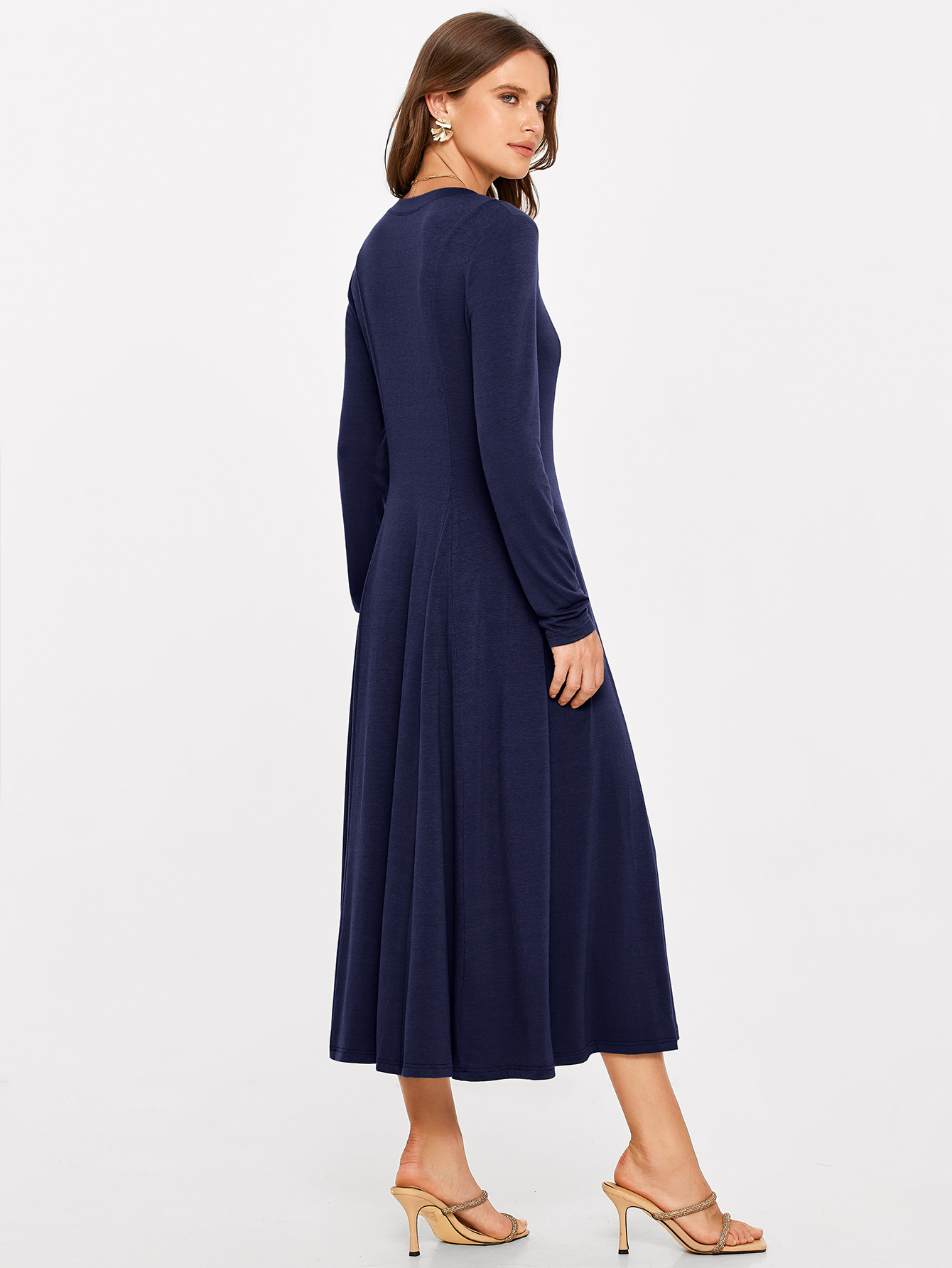 Rib Knit Long Sleeve A Line Midi Dress