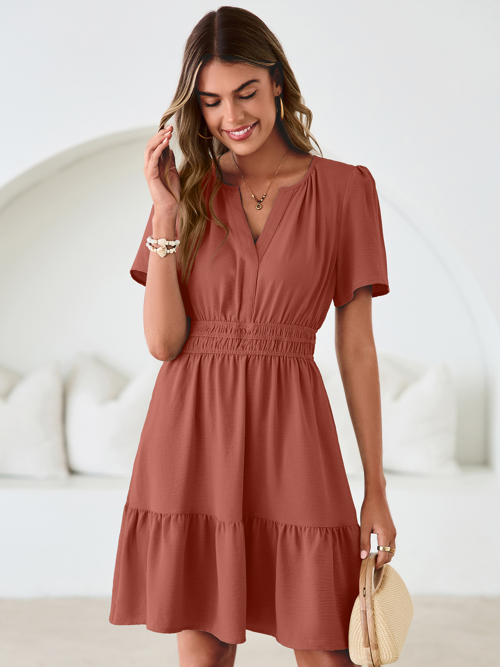 V Neck Smocked Waist Ruffle Hem Mini Dress