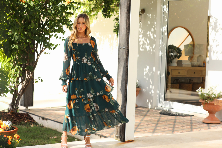 Floral Chiffon Tiered Smocked Wedding Guest Dress